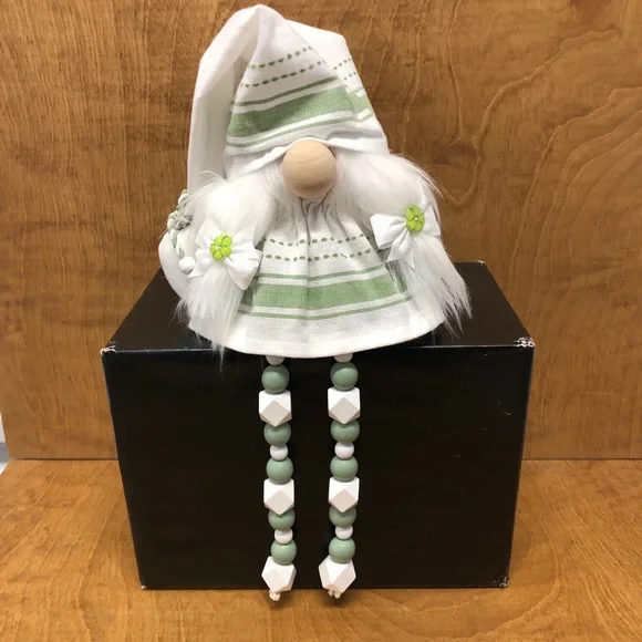 Sweet Green Gnome Linen Stripes Flowers Bows Geometric Beaded Legs Gift Spring - Picture 4 of 8